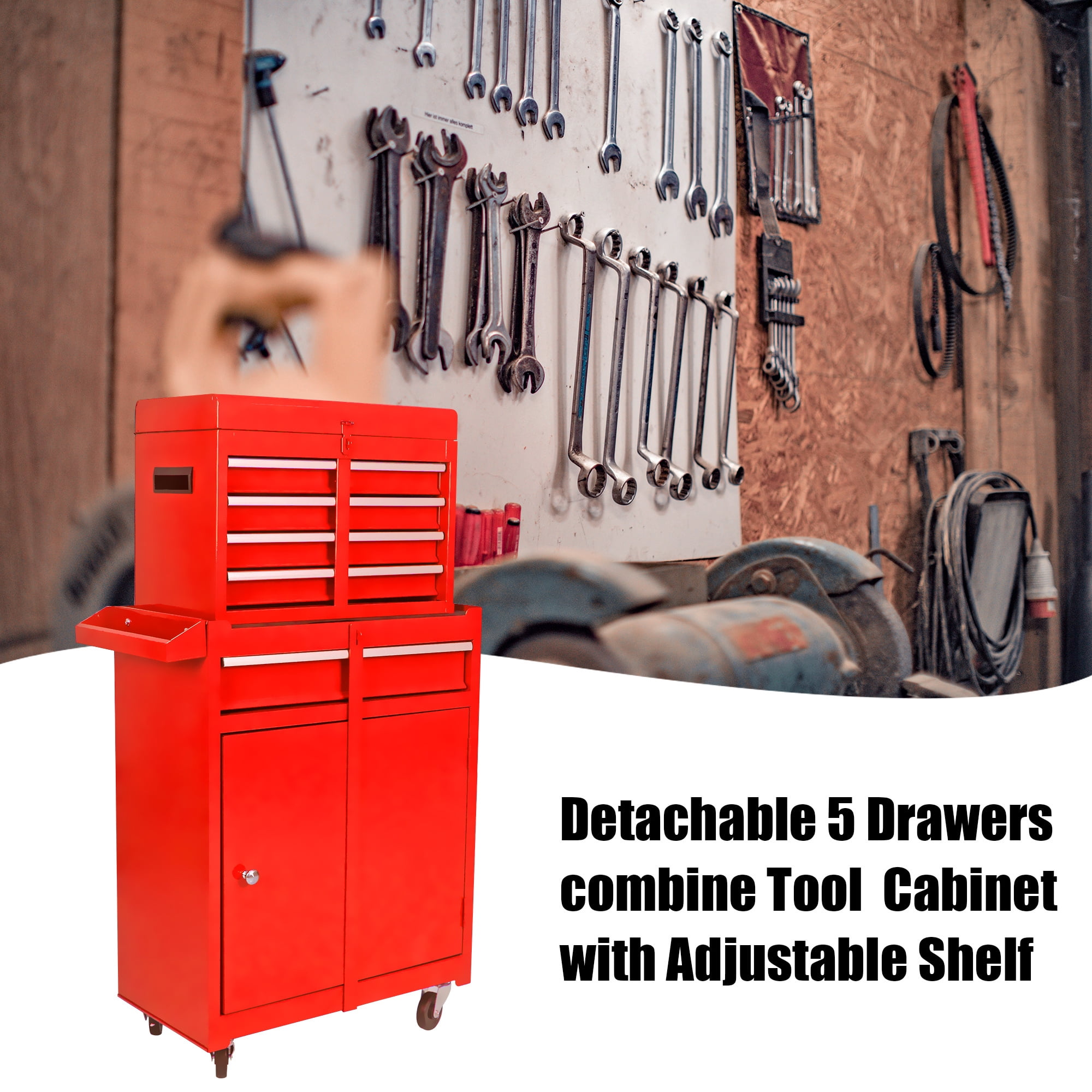 Aukfa Tool Box, 2 in 1 Steel Rolling Tool Chest & Cabinet On Wheels for Garage, 5-drawer, Red