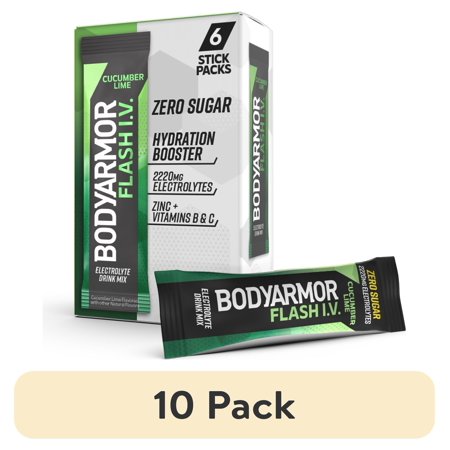 (10 pack) Bodyarmor Flash Iv Electrolyte Packets, Cucumber Lime - Zero Sugar Drink Mix, Single Serve Packs, Coconut Water Powder, Hydration For Workout, Travel Essentials, Just Add Sticks To Liquid (6 Count)
