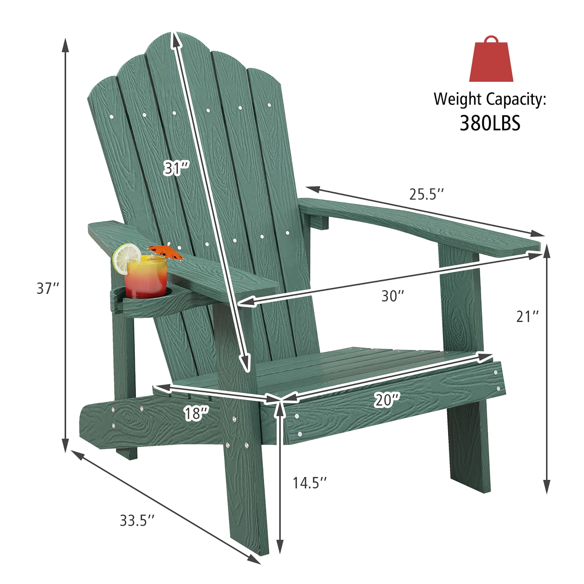 Gymax Patio HIPS Outdoor Weather Resistant Slatted Chair Adirondack Chair w/ Cup Holder Dark Green