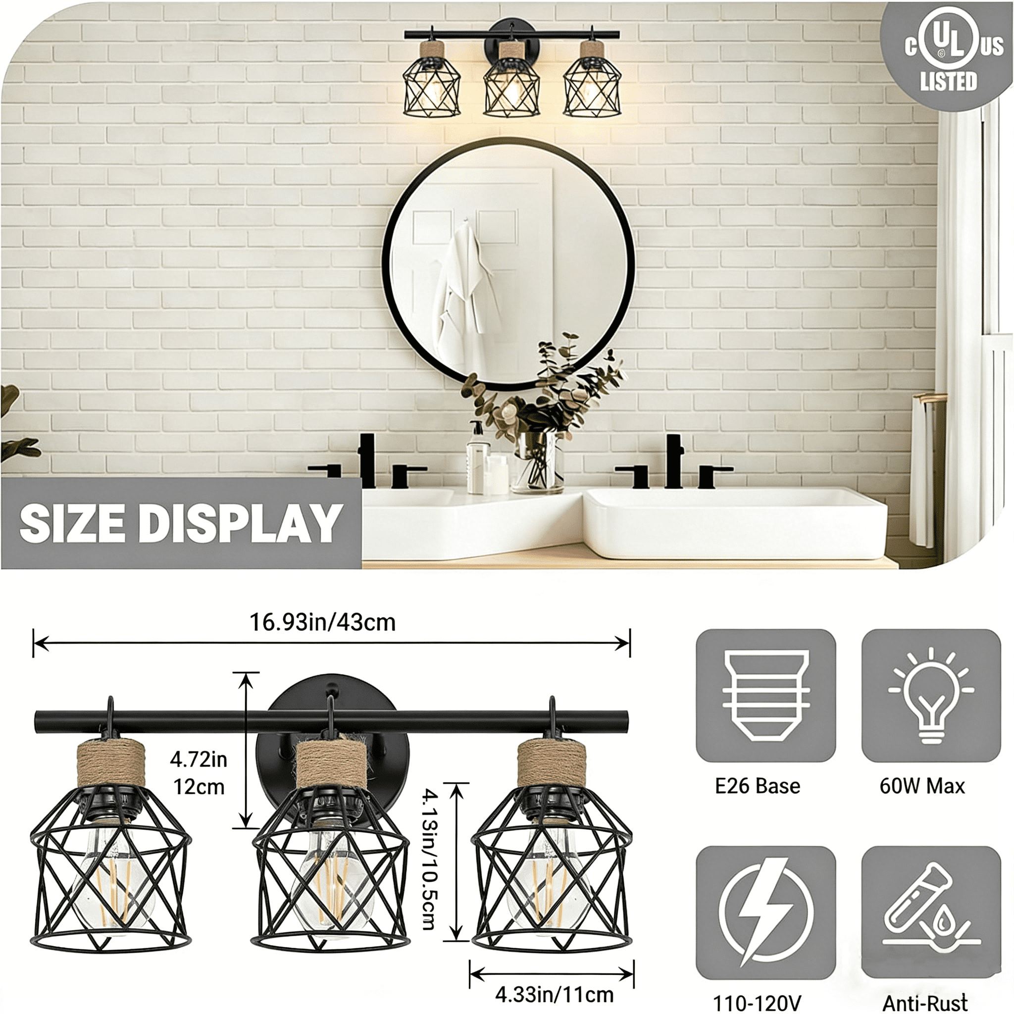 3-Light Bathroom Light Fixture Over Mirror Matte Black Farmhouse Vanity Light for Bathroom Rope Wrapped Rustic Industrial Vanity Lighting Fixture with Metal Lampshade for Hallway Porch