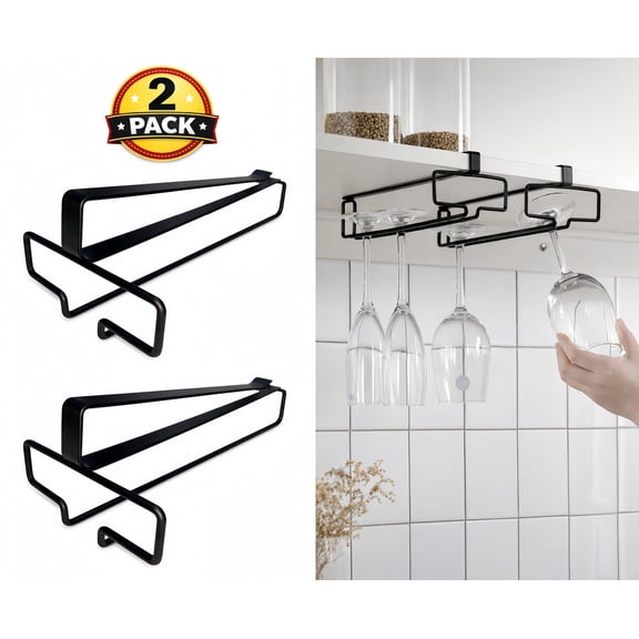 Wine Glass Holder 2PCS, Wine Glass Holder Under Cabinet, Wine Glass Rack for Kitchen Cabinet, Stemware Rack Hanger, Hanging Storage Rack Organizer, Black, Fits Shelves Under 1.18" Thick