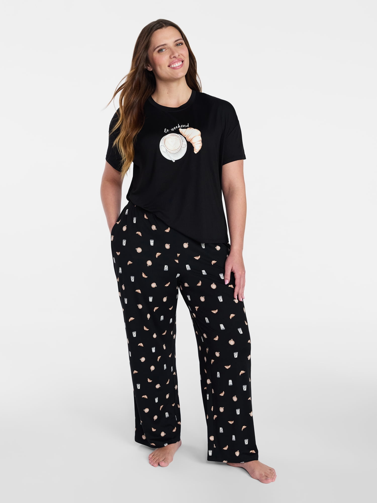 Joyspun Women's Dreamy Soft Collection Short Sleeve Sleep Top and Open Leg Pants Pajama Set, 2-Piece, Sizes XS-3X