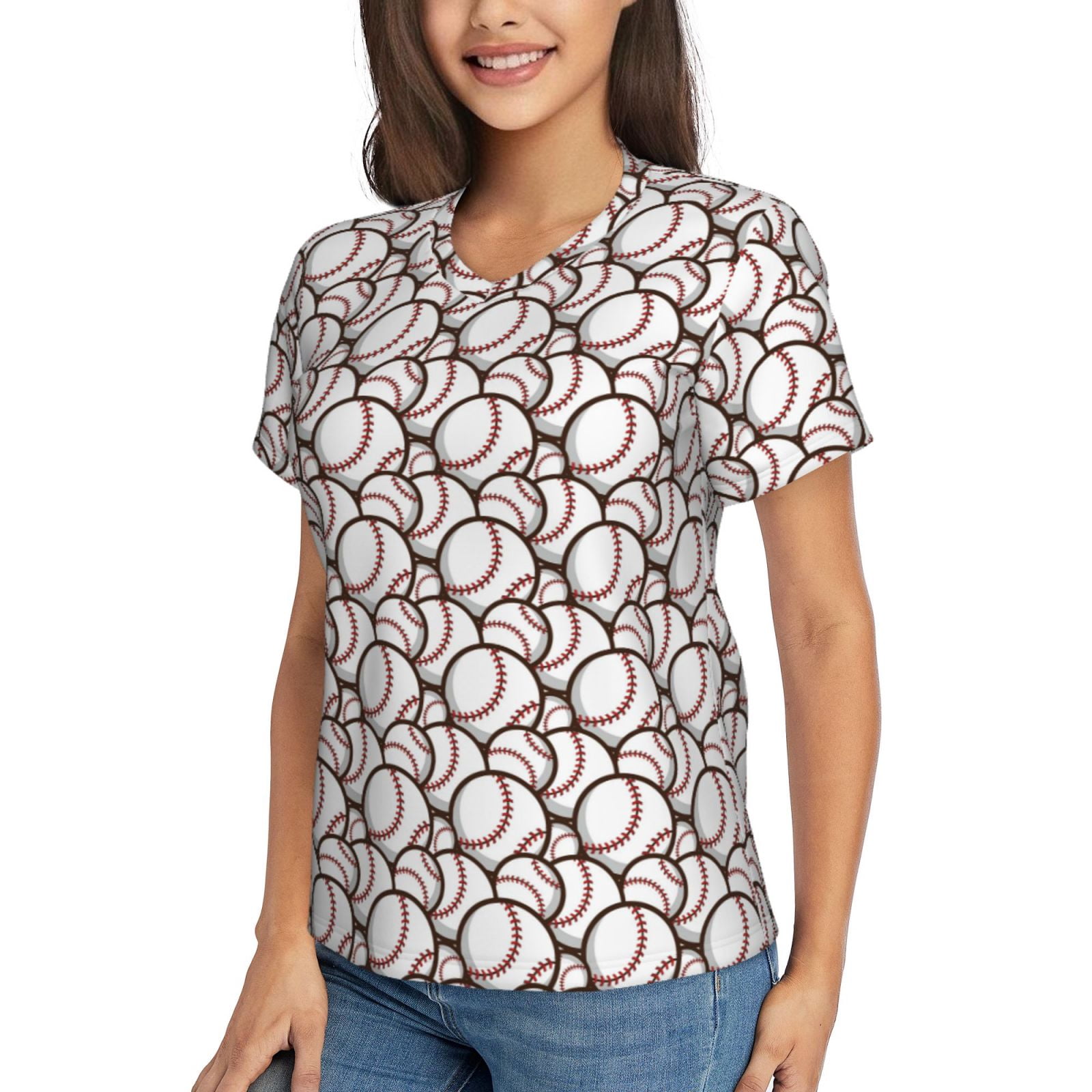 Vsdgher Cute Baseball Women Shirts V Neck Short Sleeve Tops T-Shirt Basic Tees, S to 3XLMedium
