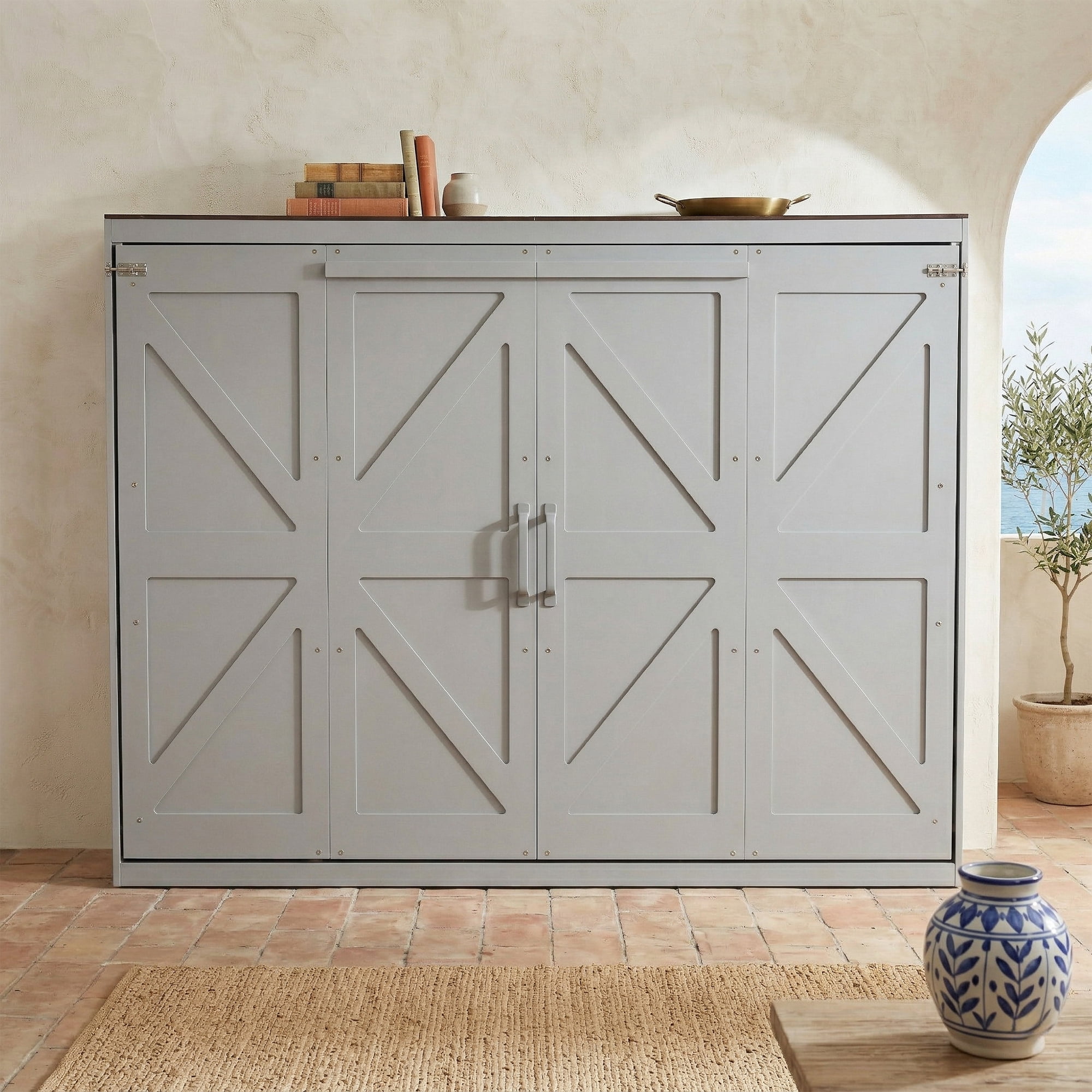 Mintazer Farmhouse Full Murphy Wall Bed with Barn Door & Charge Station, Folding Cabinet Bed for Home Office, Gray