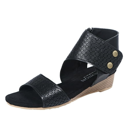 

LIANGP Women s Heel Shoes Women HollowOpen Toe Breathable Sandals Zipper Casual Solid Color Wedges Shoes Ladies Shoes Black Size 8