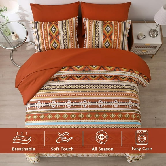 Queen Size Comforter Set Boho, Burnt Orange Bed in a Bag Queen Striped Bedding Sets Fall Terracotta Comforters with Sheets 7 Pieces Complete Set  for All Season 90"x90"