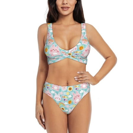 Zeuib Love You Rabbit High Waisted Tummy Control Bikini Set - Knot Front Push Up Top & Cheeky Thong Bottom  Two-Piece Swimsuit for Women-Large