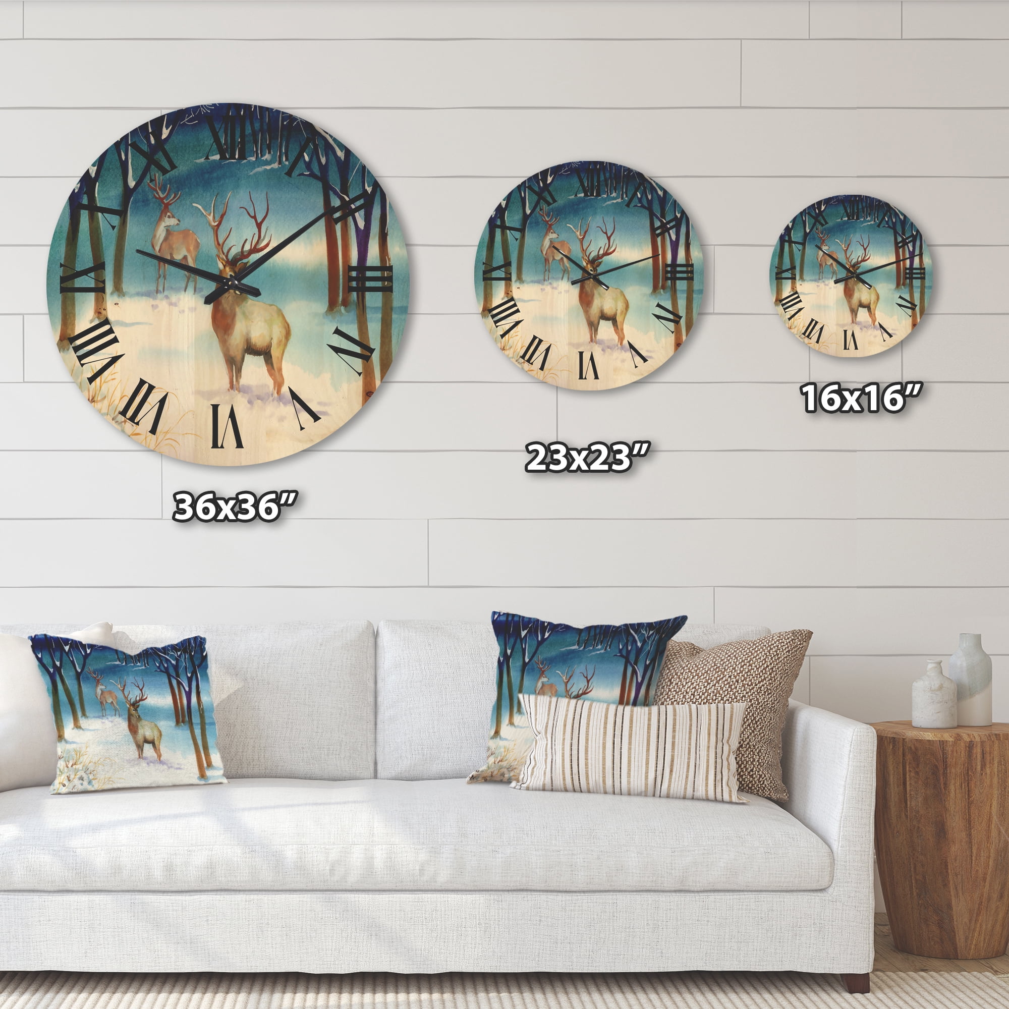 Designart 'Deers With Winter Landscape' Traditional Wood Wall Clock