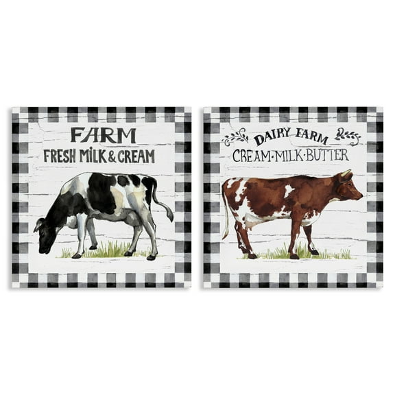 Stupell Industries Spring Farm Dairy Cows Animals Painting Wrapped Canvas Art Print Wall Art, 17 x 17, Set of 2