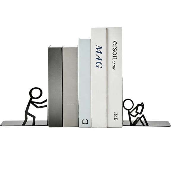 Metal Bookends, Abstract Figure Bookends Decor for Shelves, Cute Book Ends with Reading and Pushing Man Design, Desktop Book Stopper for Home and Office