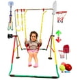 thumbnail image 1 of Kids Expandable Gymnastics Bar 5 in 1 Playground Height Adjustable Jungle Gym Set with Deluxe Swing, 2x Trapeze Rings, Basketball Net, Foldable Horizontal Bar Monkey Bar Kip Bar + Accessories Included, 1 of 9