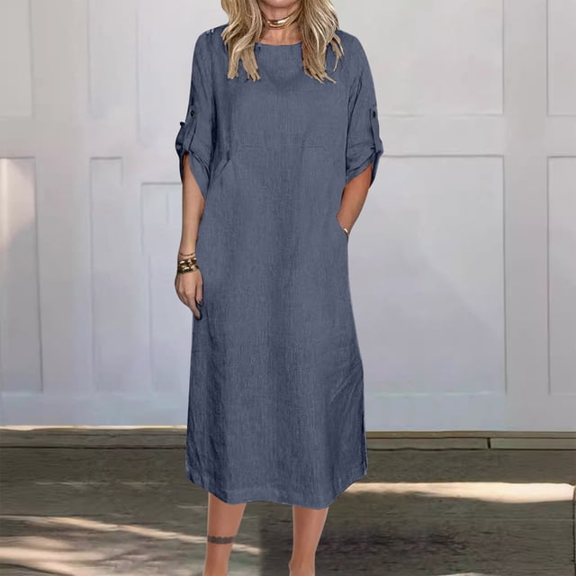 Gspmoly Robe pour Femmes, Mode Femmes Été Décontractée Unie à Col en V à Manches Courtes Longue Robe Robes Formelles pour Femmes Cadeaux de Vacances