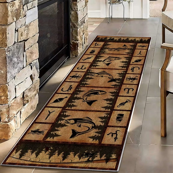 Rustic Fishing Runner Rug 2x6ft, Washable Cabin Lodge Pine Tree Fish Floor Mat, Non-Slip Vintage Outdoor Theme Carpet for Hallway, Man Cave