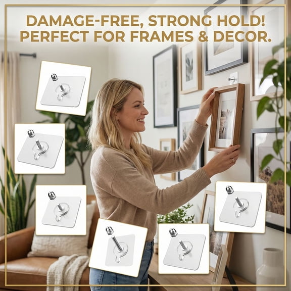 No Drill Adhesive Hooks Heavy Duty Self Adhesive Picture Hanger Wall Mount Strips for Hanging Pictures Frames Decor (1 PC, Acrylic 6*6cm Thick (52mil))