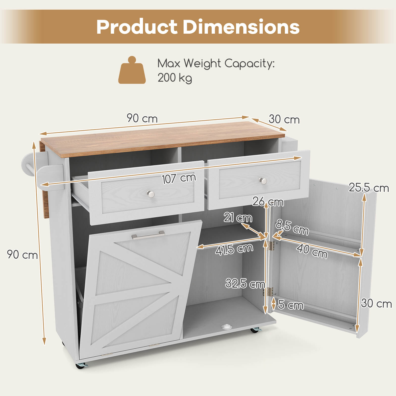 Costway Rolling Kitchen Island Kitchen Island Cart with Drop Leaf Trash Can Cabinet Gray