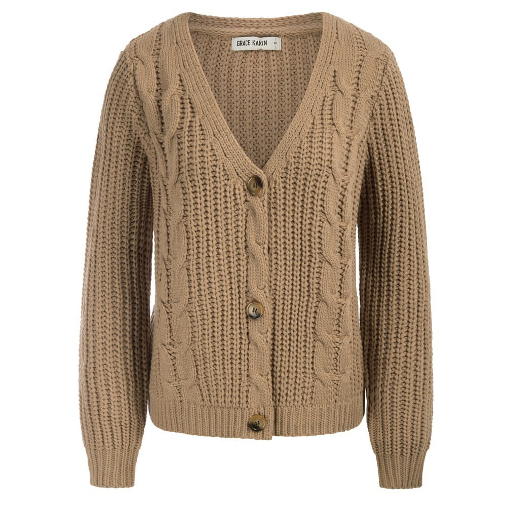 GRACE KARIN Women's Cable Knit Cardigan Long Sleeve V Neck Button Down ...
