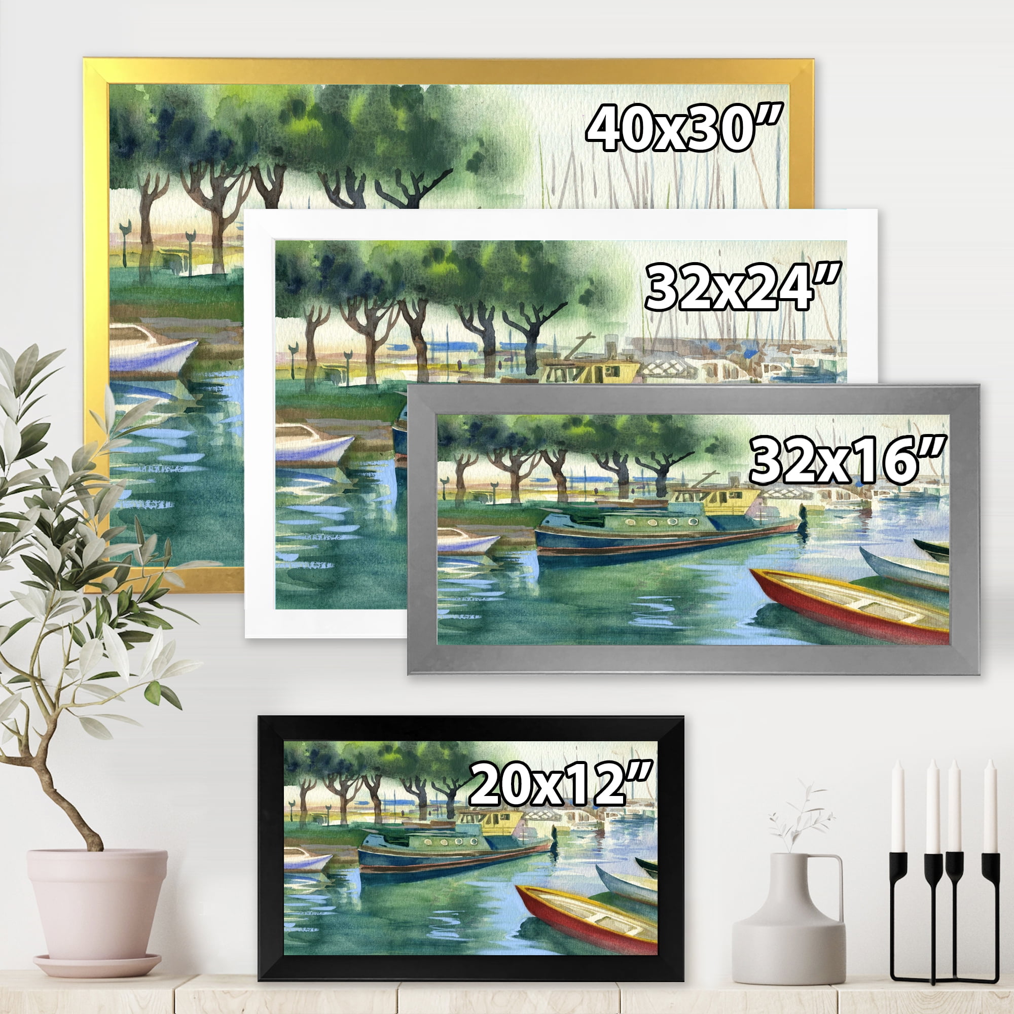 Designart 'Boats At The Lake in Green Spring' Traditional Framed Art Print