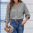 thumbnail image 6 of ClodeEU Women's Stand Collar V Neck Button Down Roll Tab Long Sleeve Striped Shirt,Casual Loose Blouse Top Black,Women's Plus L, 6 of 8