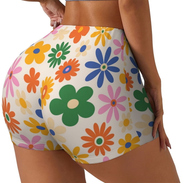 Fotbe Groovy Daisy Flowers Shorts Sin Costuras – Shorts Deportivos de Cintura Alta para Mujer, Elásticos para Gimnasio, Yoga, Running o Ciclismo-XX-Large
