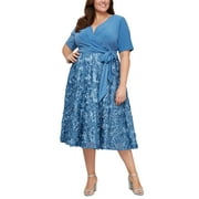 Alex Evenings Women's Tea Length Jersey & Rosette Lace Dress Blue Size 16W