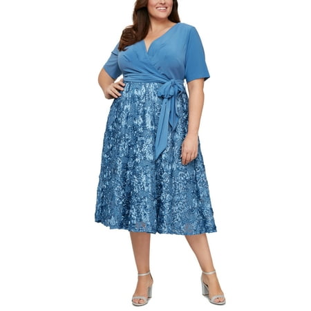 Alex Evenings Women's Tea Length Jersey & Rosette Lace Dress Blue Size 16W