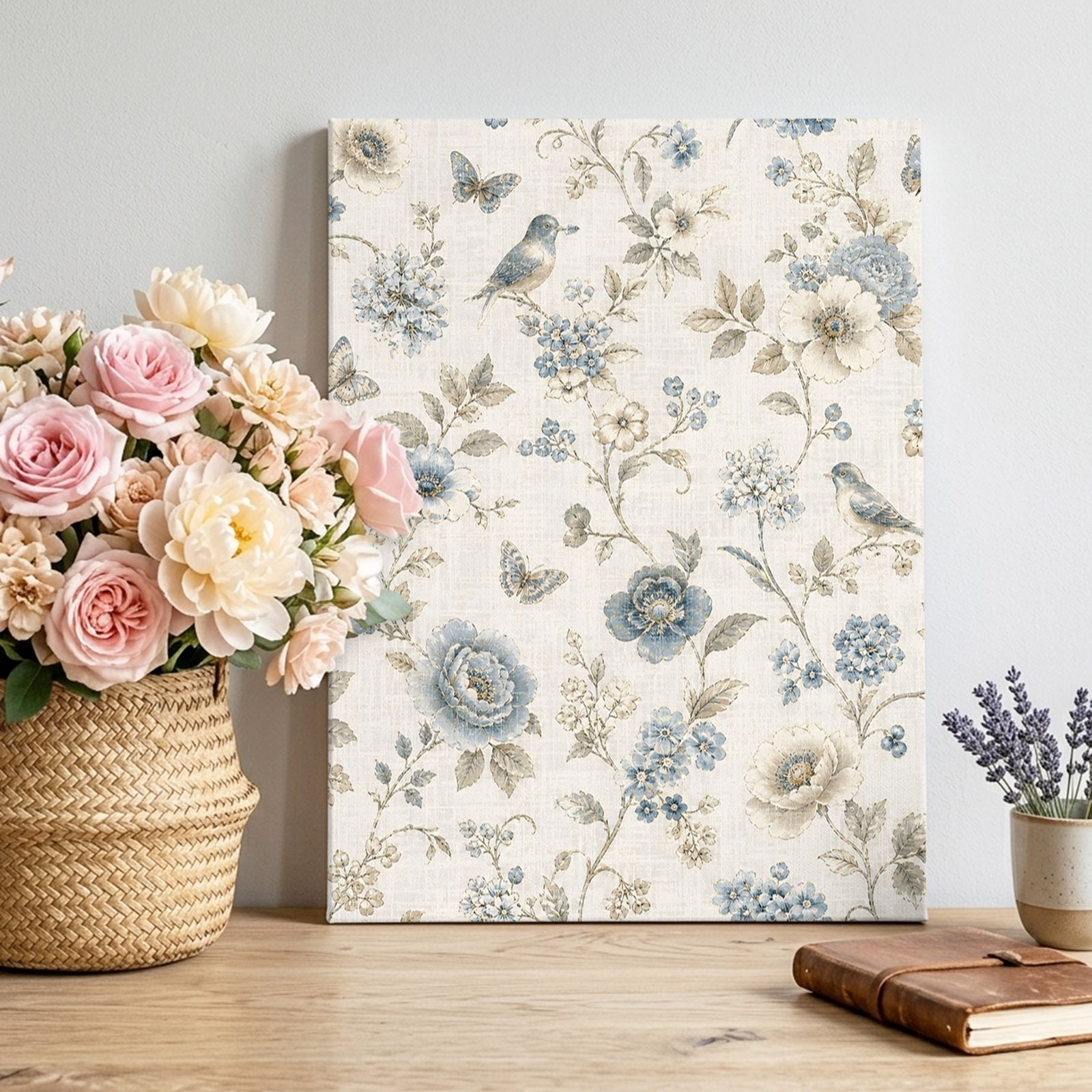 Vintage Floral Canvas Wall Art for Living Room Country Rustic Gold Blue Flowers Leaf Bird Butterfly Wall Decor Framed Artwork Pictures Ready to Hang for Bedroom Office Home Decor 22x28 Inch