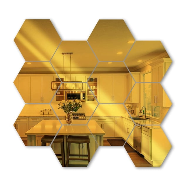 CAROOTU 12 PCS Top-spring Hexagons Mirror Tile Wall Sticker 3D Acrylic Mirror Wall Sticker Decor Stick On Modern Decal for Home