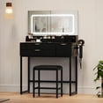 thumbnail image 3 of Ensemble de Coiffeuse Cannelée avec Grand Miroir Éclairé à Commande Tactile et Tabouret, Prise de Courant Intégrée, 3 Tiroirs et 3 Étagères de Rangement, Coiffeuse Moderne pour Chambre, Noir, 3 of 6