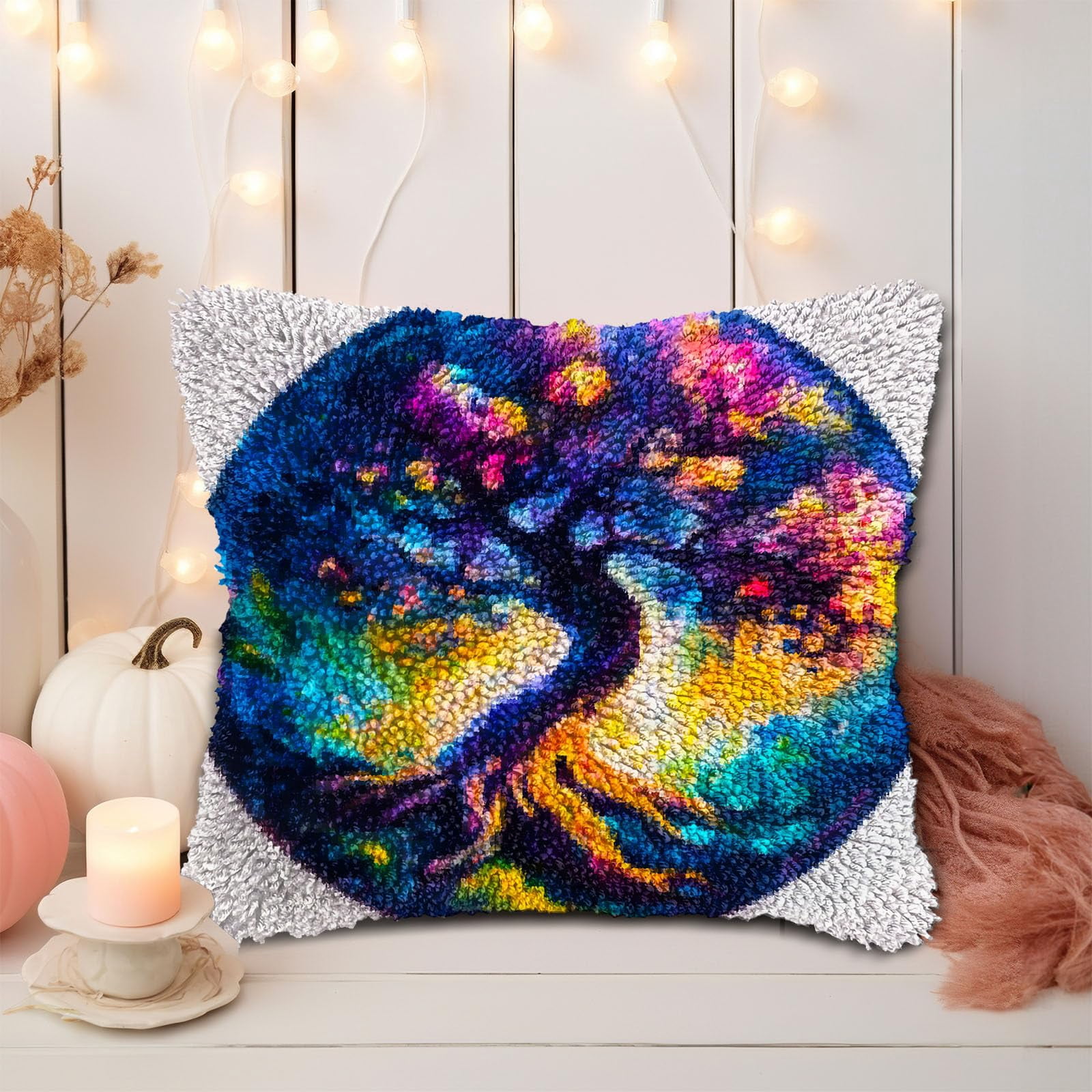 Colorful Tree Shining Sky DIY Latch Hook Pillow Kits for Adults Printed Pillowcase Crochet Yarns Hooking Handmade Pillow Cover Cushion for Home Sofa Decoration 17x17inch(2)