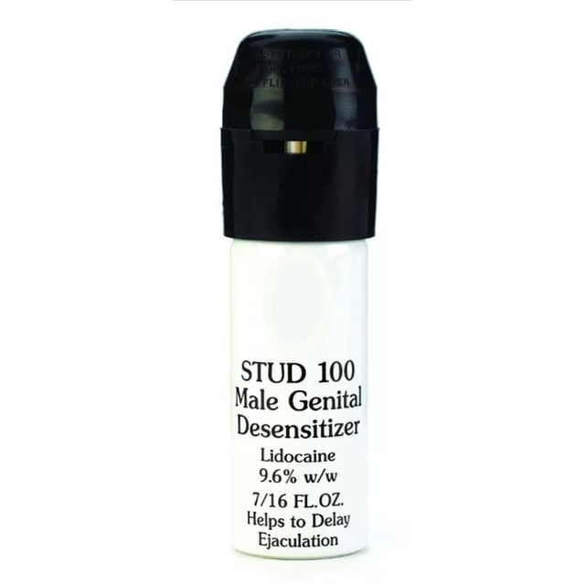 spray retardante genital para hombres diseñado meticulosamente frasco frontal blanco con tapa negra, spray retardante para pene de 12 g (0,42 oz) y texto en etiqueta en inglés 'Male Genital Desensitizer' visible; envase compacto aprox. 6,8 x 2,4 x 9 cm, portátil y adecuado para llevar en viaje o en bolso.