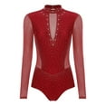 thumbnail image 3 of TiaoBug Women's Gymnastics Leotard Ballet Dance Top Long Sleeve Rhinestones Mesh Figure Ice Skating Bodysuit Burgundy L, 3 of 5