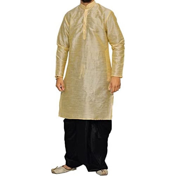 Royal Mens Cream Silk Blend Kurta Black Dhoti Set_40