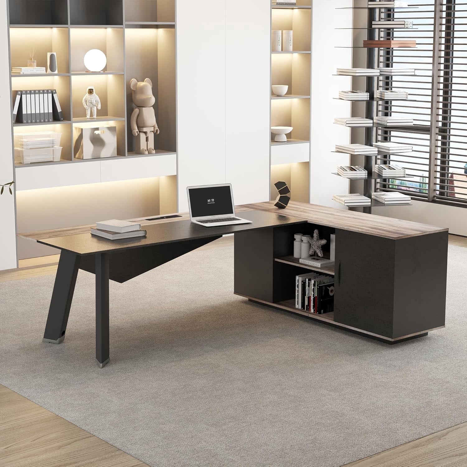 Wesome 63" Dark Mahogany L-Shaped Executive Desk with Cabinet Storage Shelves