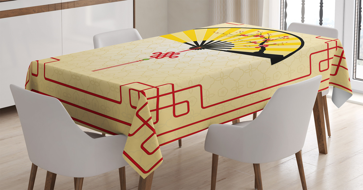 Asian Tablecloth, Japanese Culture Hand Fan with Cherry Blossom and