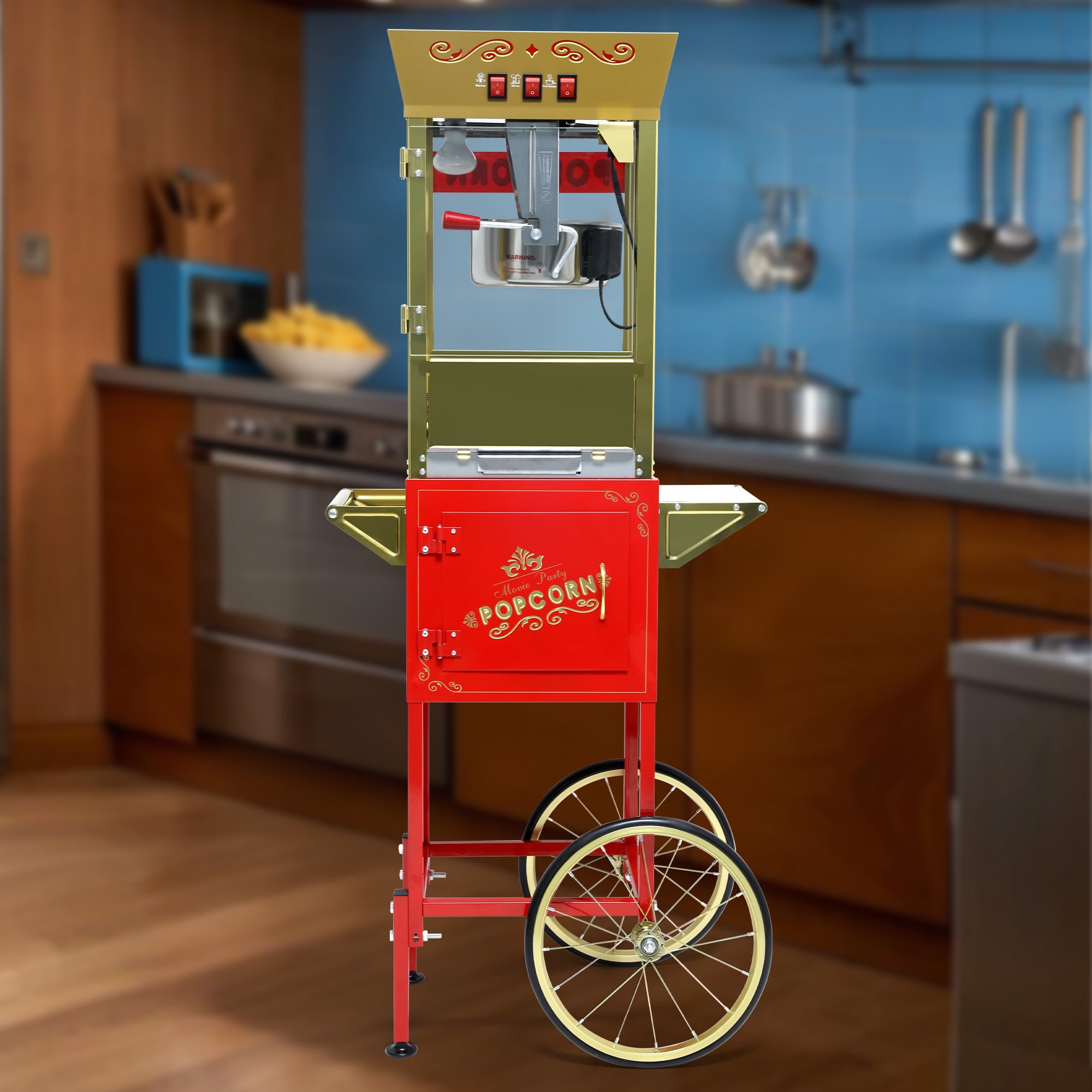 Aukfa Popcorn Machine with Cart, Popcorn Maker with 12 Oz Kettle Makes Up to 80 Cups for Commercial Home Movie Theater, Red