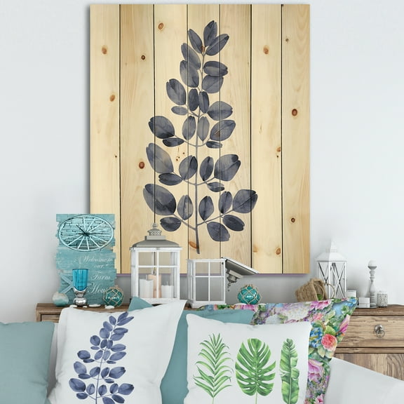 Designart 'Navy Blue Eucalyptus On White' Traditional Print on Natural Pine Wood