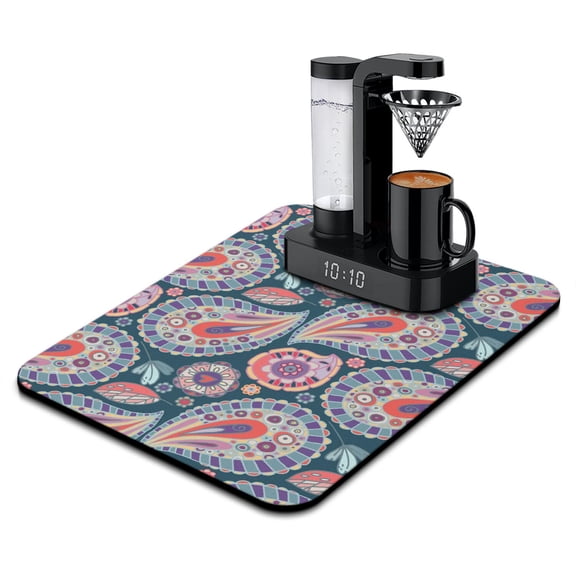 Paisley Design Coffee Station Mat Boho Ethnic Absorbent Drying Mat for Countertops