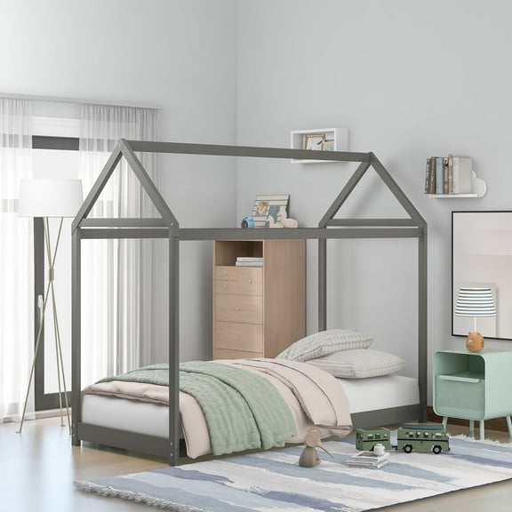 Harper & Bright Designs Twin Size Wooden House Bed with Roof, House Bed Frame Twin Size Floor Bed, Poppy House Wood Bed, Platform Bed, Can Be Decorated for Girls, Boys, Gray