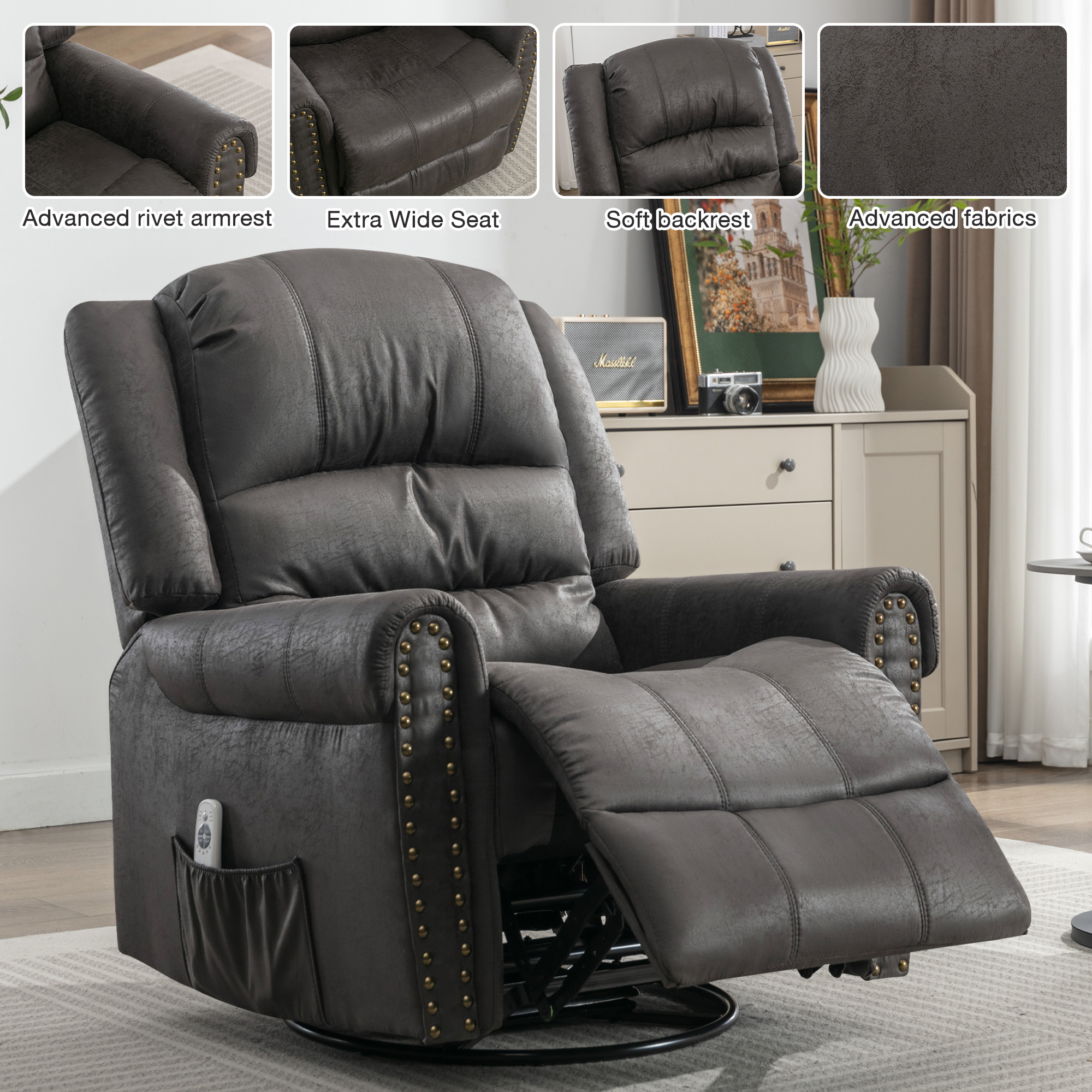 DEALTOPS Oversized Manual Recliner Heating massage Chair with USB Port and Rocking for Living Room, Leather, Gray