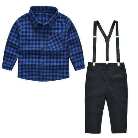 

ZCFZJW Casual Suit for Toddler Kids Baby Boy 2Pcs Long Sleeve Gentleman British Style Plaid Button Down Flannel Shirt and Suspender Overalls Outfits Set(Blue#01 12-18Months)
