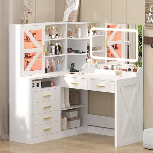 L-Shaped Corner Vanity Desk with LED Lighted Mirror & Charging Station, White Makeup Vanity with 6 Drawers & Sliding RGB Cabinet, Large Farmhouse Dressing Table with Open Storage Shelves for Women