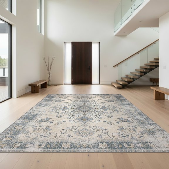 Design&I 8'x10' Washable Area Rug Extra Large Skid-Resistant Low Profile Beige Vintage Grey Scroll Border Distressed Taupe Textured That for Living Room, Family