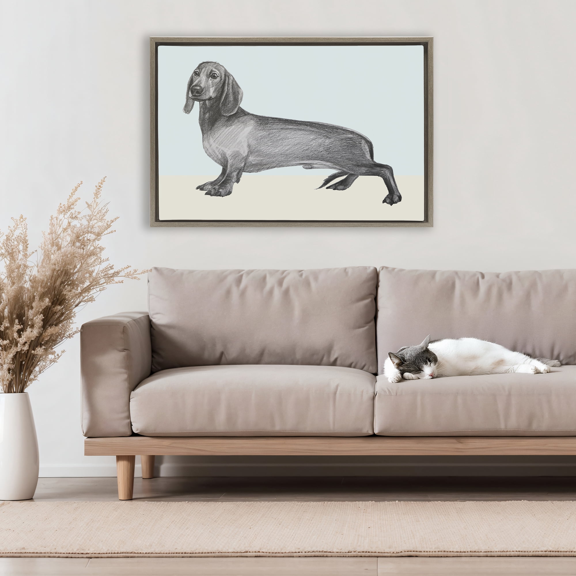 Stupell Industries Sketched Dachshund on Blue Brown Framed Floater Canvas Wall Art, design by Violeta Vollmer