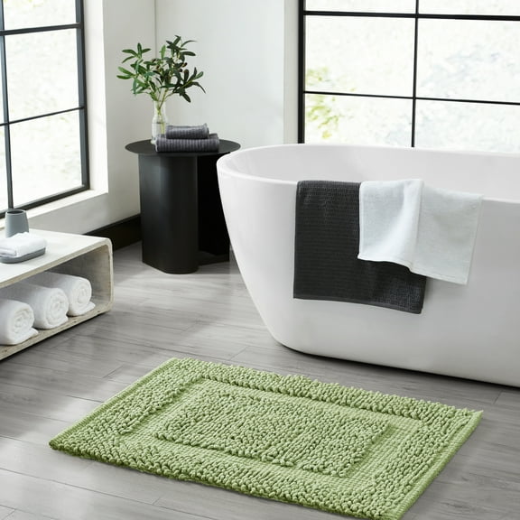 Jean Pierre New York Sophie Border 100% Cotton Non-Slip Bath Mat Set - Sage Green - 17x24/20x32