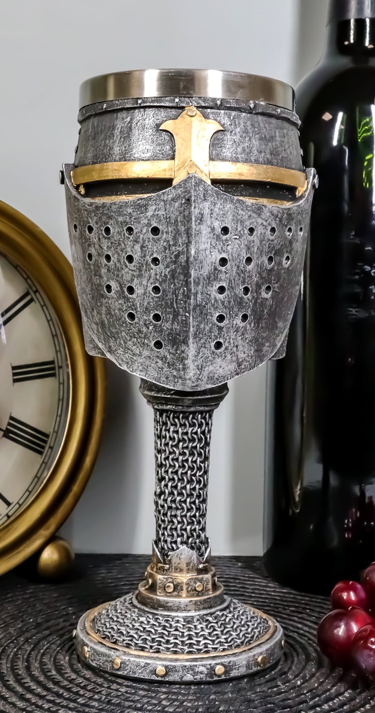 Medieval Crusader Knight Of The Cross Suit of Armor Helm Mug And Wine Goblet Set 
