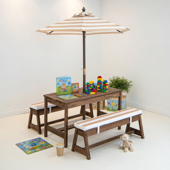 Topcobe Kids Picnic Table and Bench Set with Cushions and Height Adjustable Umbrella, Kids Patio Furniture for Backyard, Garden-Brown