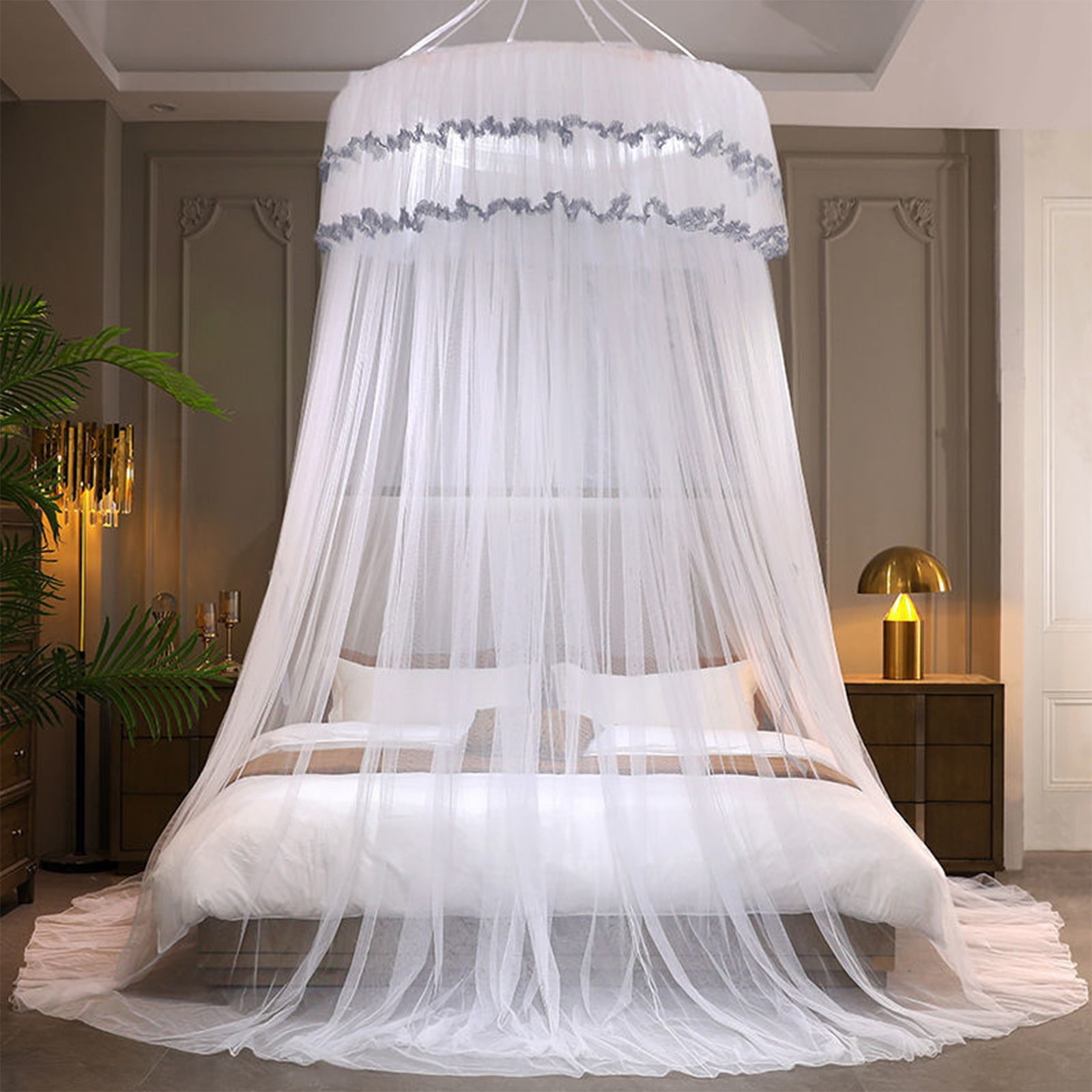 Zzbeans Princess Bed Canopy, No-Installation Ceiling-Mounted Dome Mosquito Net, Encrypted Foldable Floor-Standing Bed Canopy for Girls Room, Romantic Lace Ruffled Bed Curtain for Single Double Queen