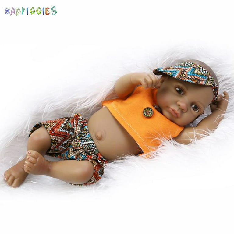 BadPiggies 11 27cm Full Body Silicone Reborn Baby Boy Doll Soft Vinyl  Lifelike American Indian Style Black Skin Newborn Doll Gift (Boy) 