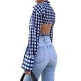 thumbnail image 3 of hirigin Women's Long Sleeve Crop Tops, Plaid Pattern Turn-Down Collar Button-Down Hollow Out Short Shirt, Casual Simple Tops, 3 of 9