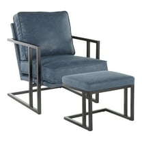 LumiSource Roman Industrial Faux Leather Lounge Chair & Ottoman Set Blue